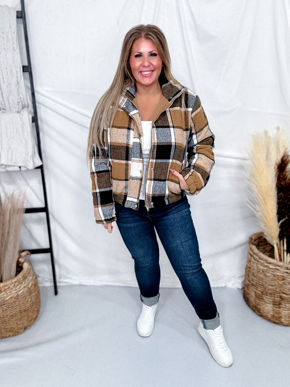 Cozy Brown Plaid Zip Up Puff Jacket - Whiskey Skies - SWEET GENERIS