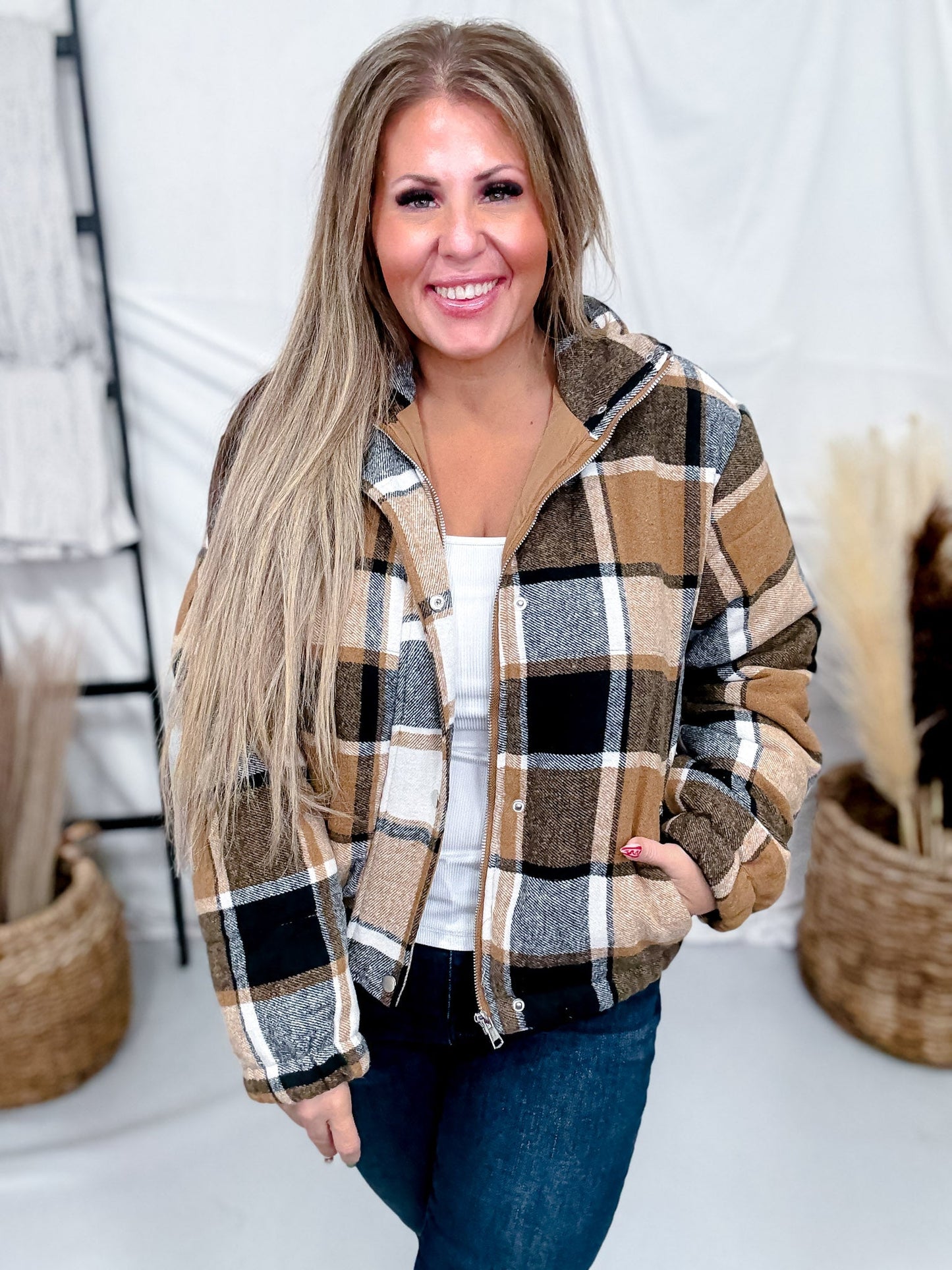 Cozy Brown Plaid Zip Up Puff Jacket - Whiskey Skies - SWEET GENERIS