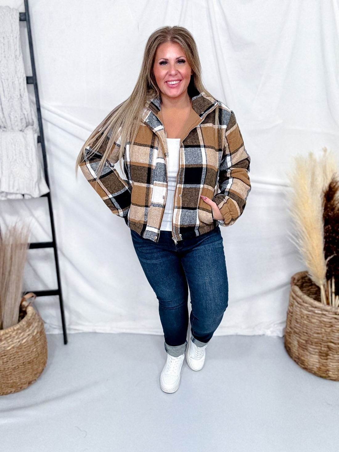 Cozy Brown Plaid Zip Up Puff Jacket - Whiskey Skies - SWEET GENERIS