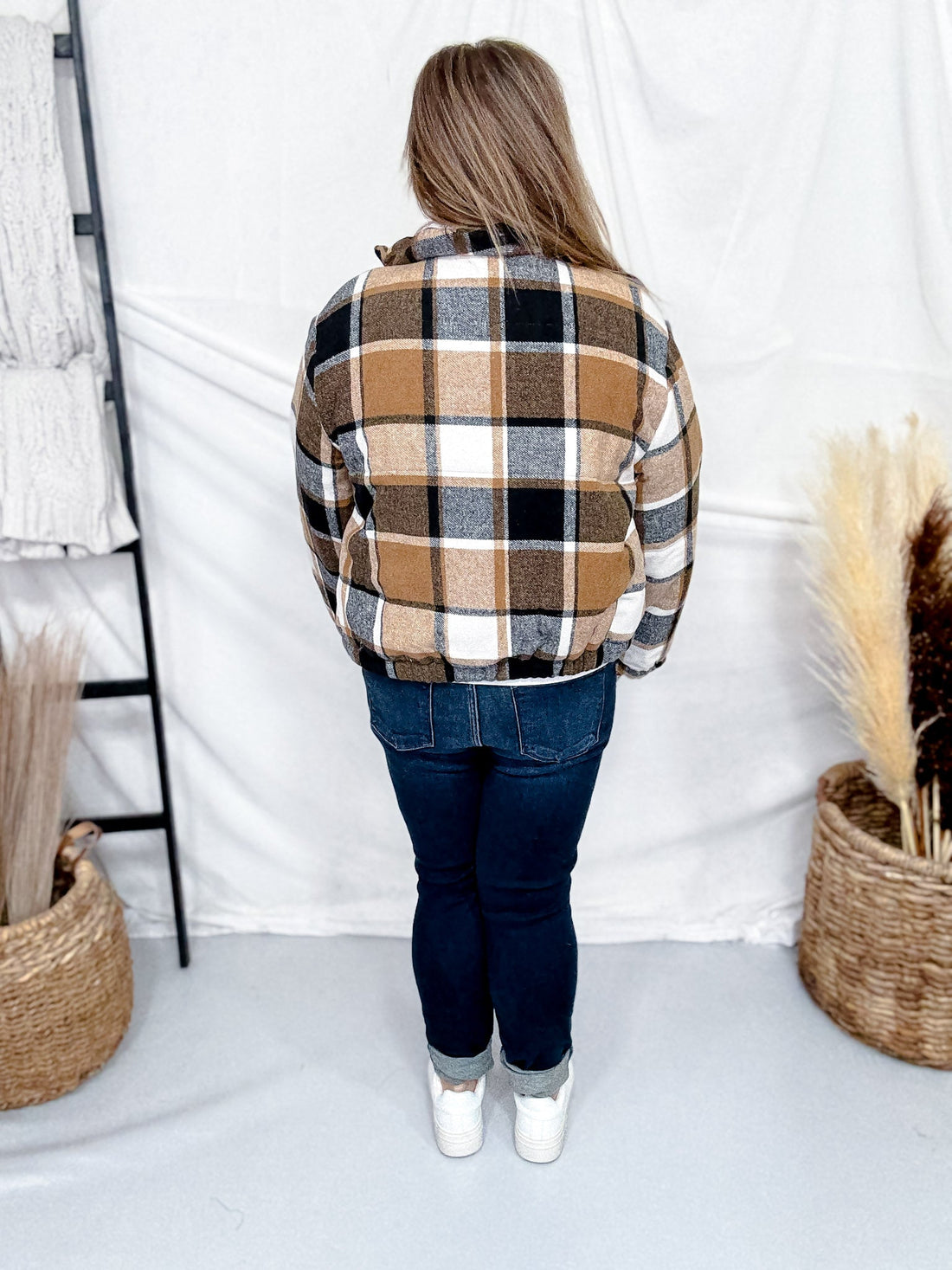 Cozy Brown Plaid Zip Up Puff Jacket - Whiskey Skies - SWEET GENERIS