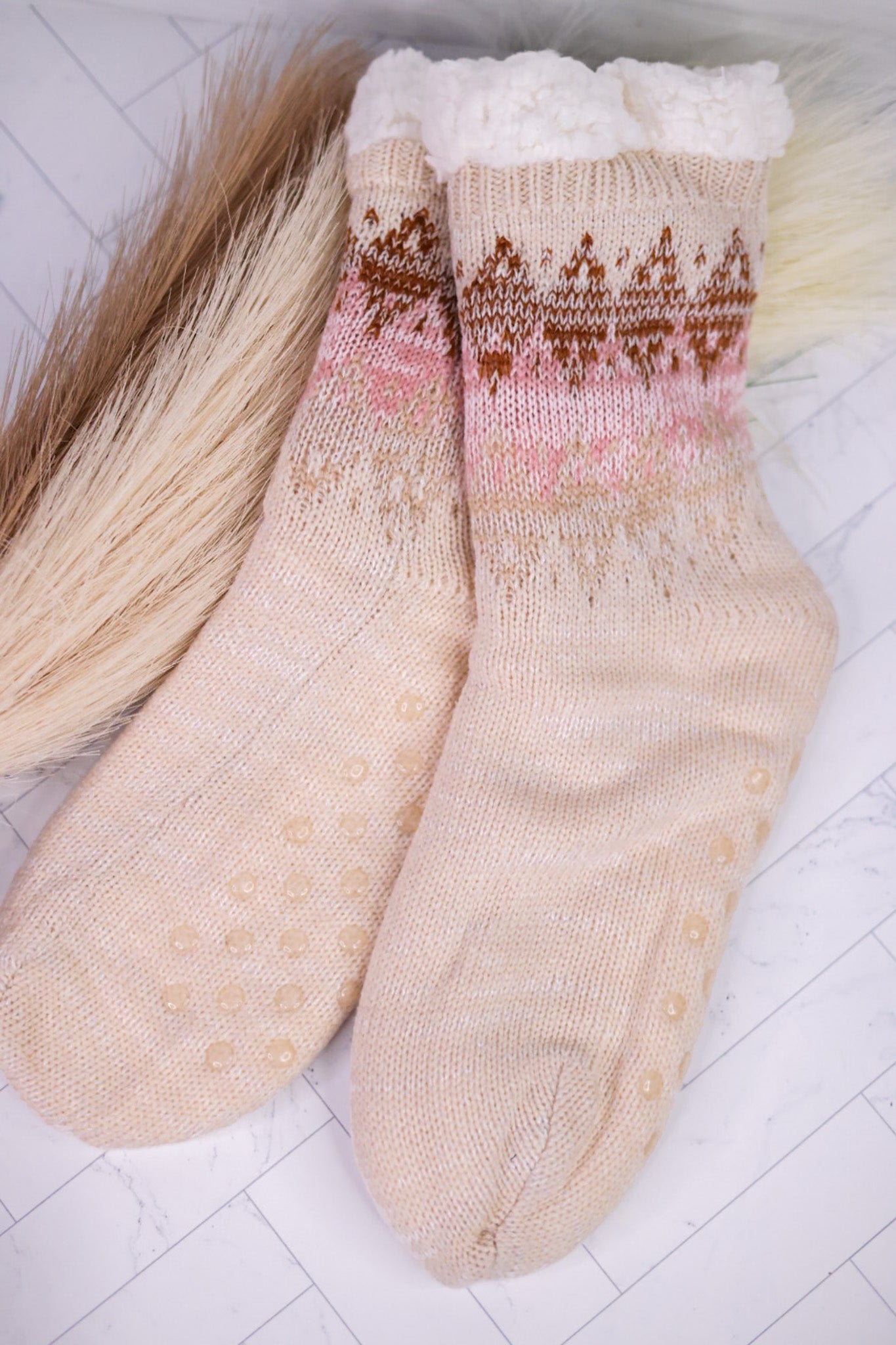 Cozy Knit Slipper Socks with Sherpa Lining - Whiskey Skies - SHIRALEAH