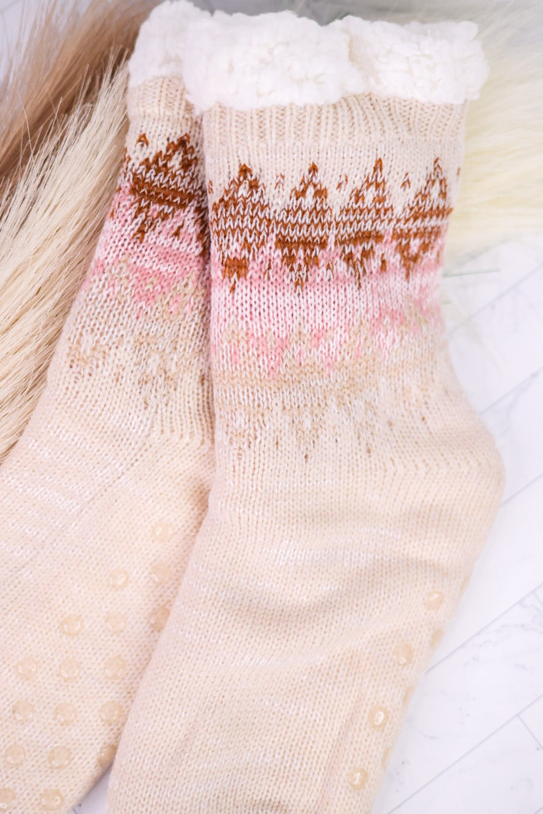 Cozy Knit Slipper Socks with Sherpa Lining - Whiskey Skies - SHIRALEAH