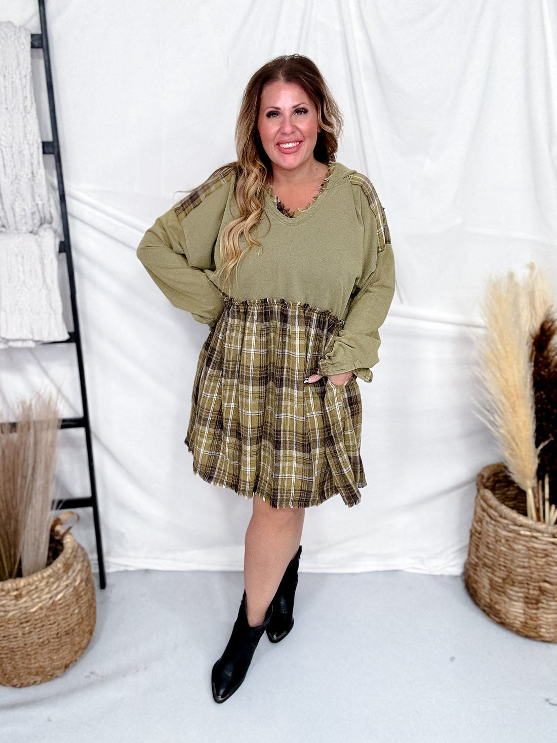 Cozy Plaid Accent Hooded Olive Mini Dress - Whiskey Skies - J.NNA