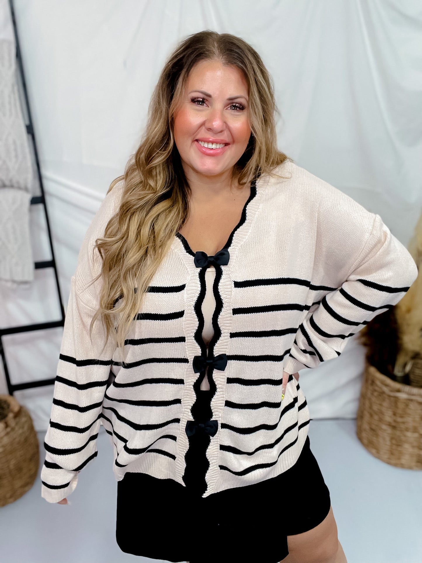 Cream and Black Striped Cardigan with Scalloped Edge Neckline - Whiskey Skies - DAVI & DANI
