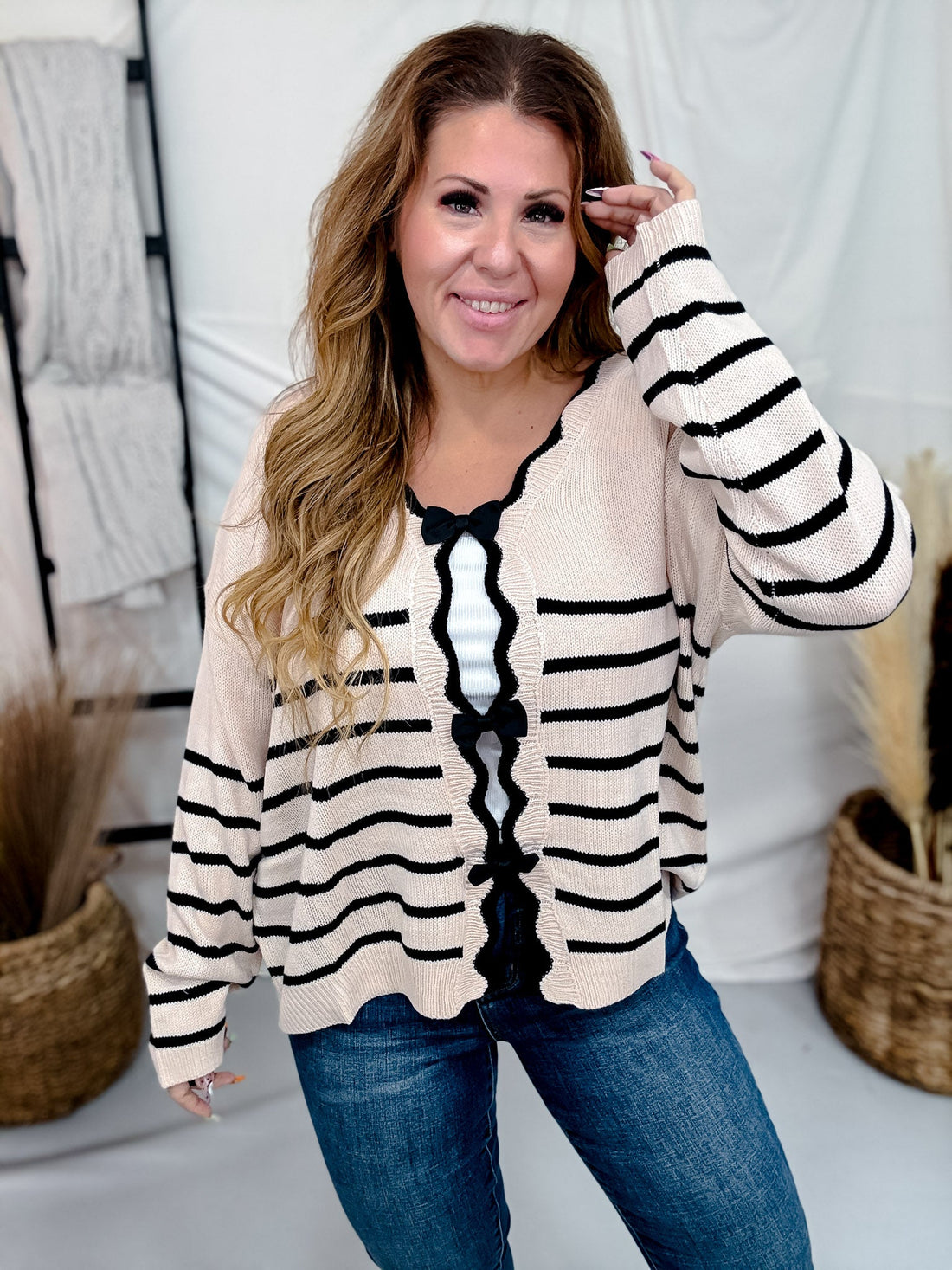 Cream and Black Striped Cardigan with Scalloped Edge Neckline - Whiskey Skies - DAVI & DANI