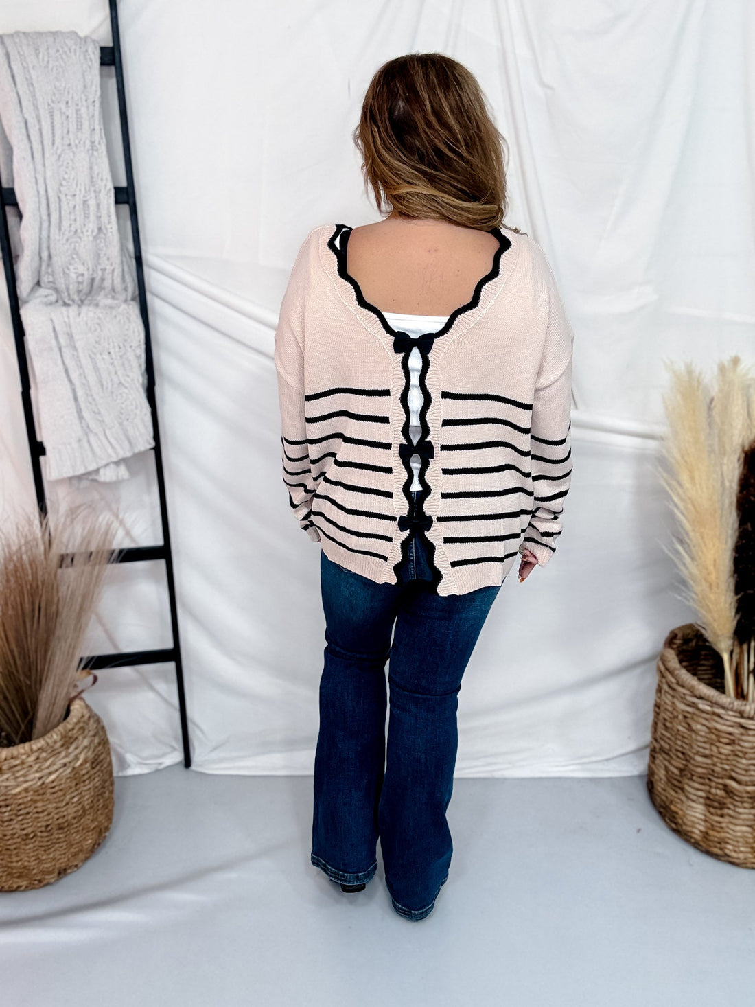 Cream and Black Striped Cardigan with Scalloped Edge Neckline - Whiskey Skies - DAVI & DANI