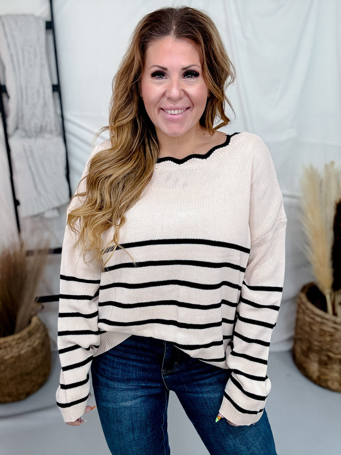 Cream and Black Striped Cardigan with Scalloped Edge Neckline - Whiskey Skies - DAVI & DANI