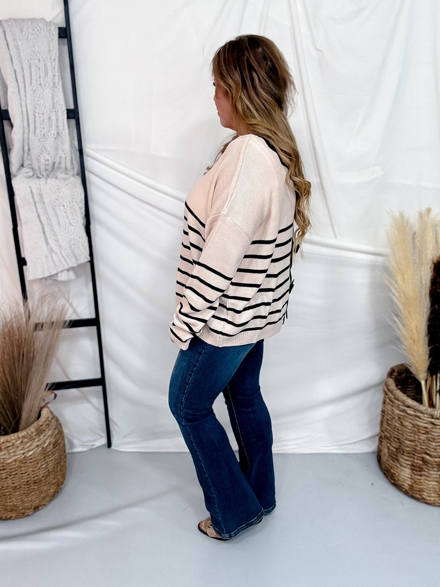 Cream and Black Striped Cardigan with Scalloped Edge Neckline - Whiskey Skies - DAVI & DANI