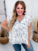 Cream and Blue Floral Print Flutter Sleeve Top - Whiskey Skies - HAYDEN