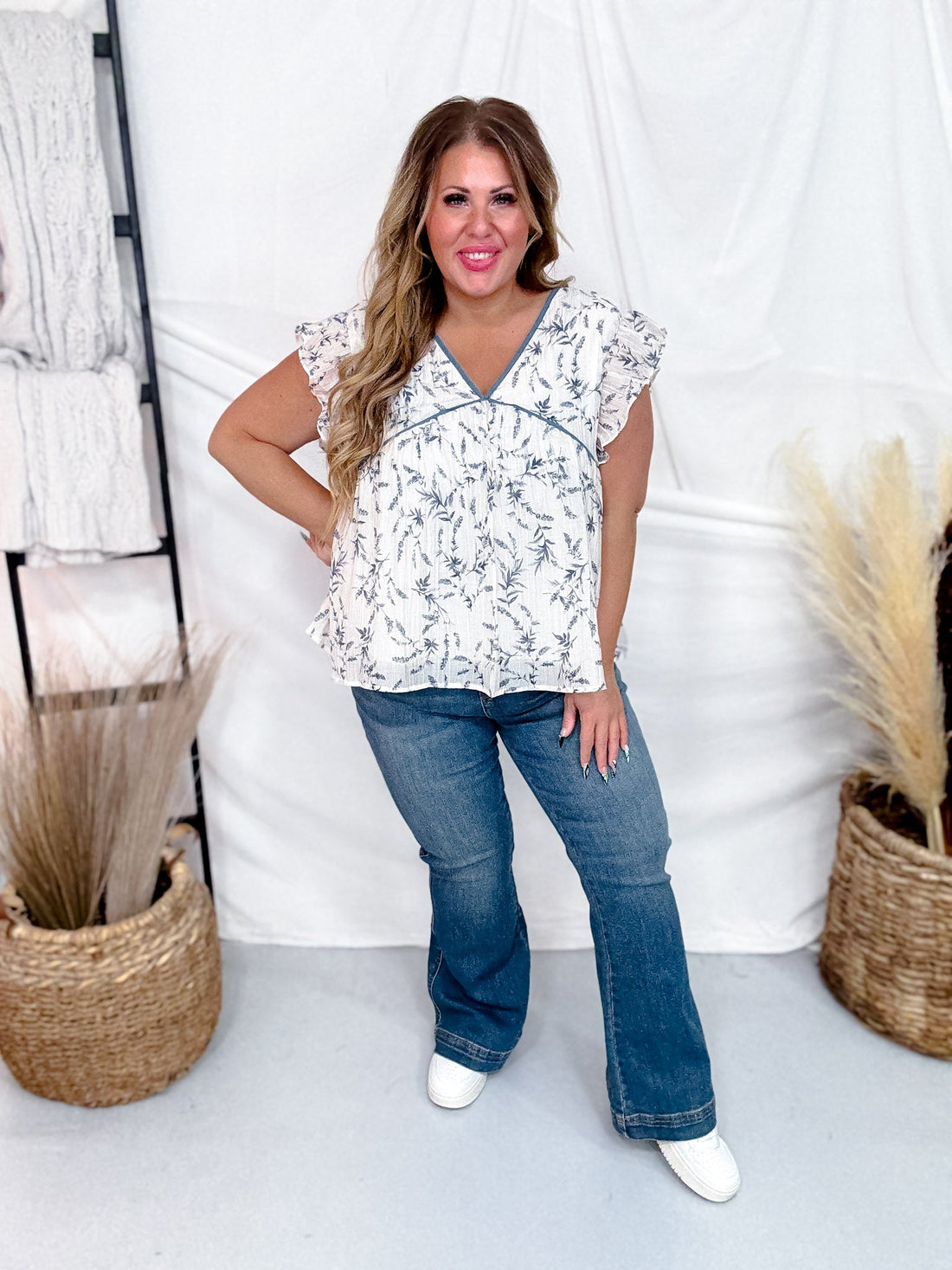 Cream and Blue Floral Print Flutter Sleeve Top - Whiskey Skies - HAYDEN