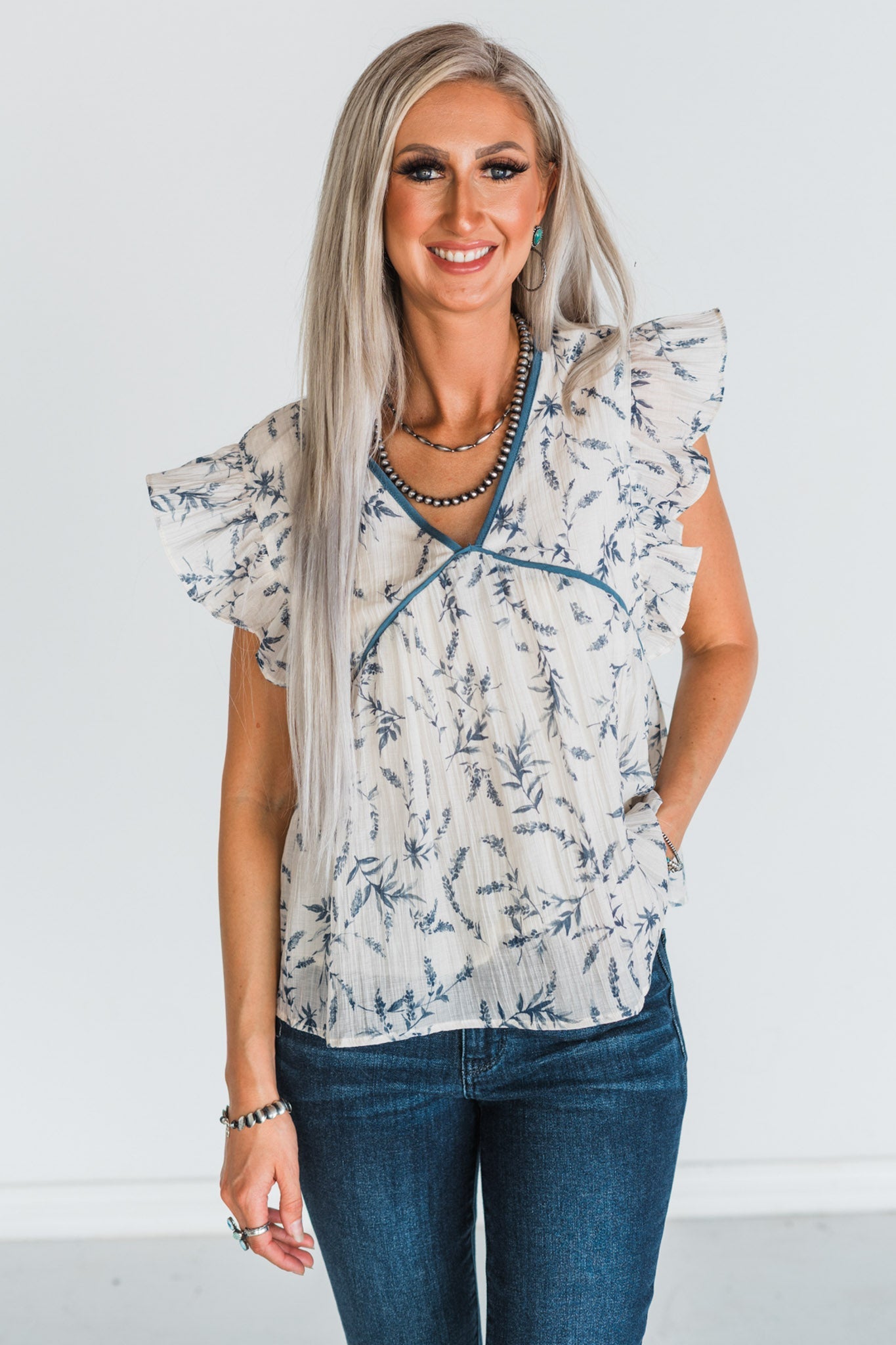 Cream and Blue Floral Print Flutter Sleeve Top - Whiskey Skies - HAYDEN