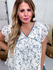 Cream and Blue Floral Print Flutter Sleeve Top - Whiskey Skies - HAYDEN