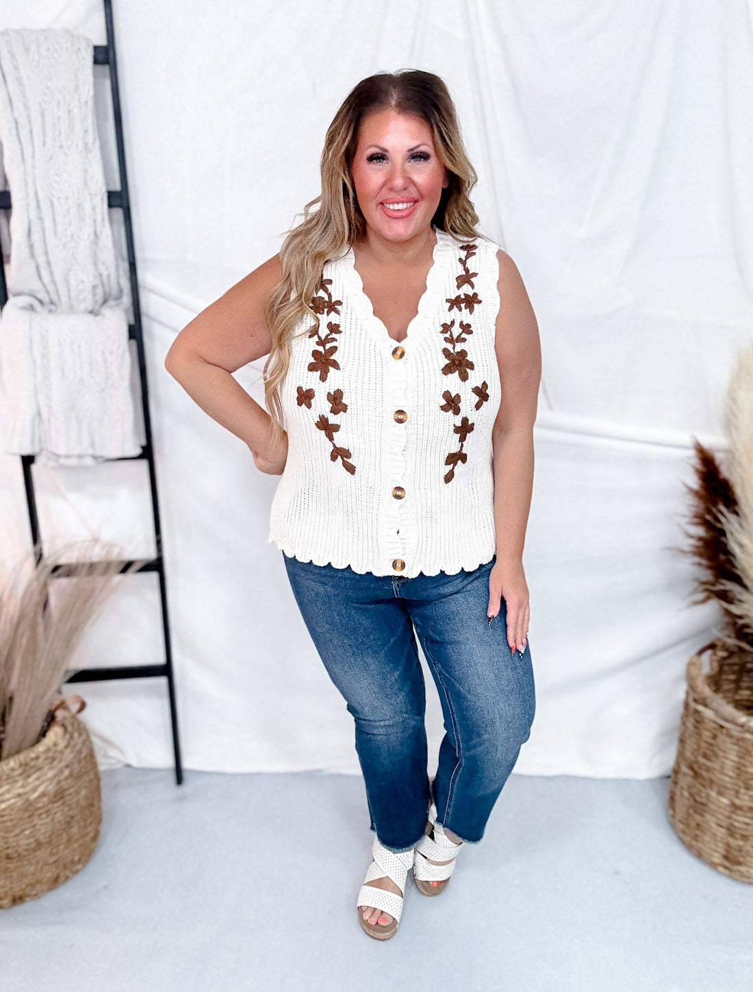 Cream and Brown Floral Sweater Vest - Whiskey Skies - POLAGRAM + BAEVELY