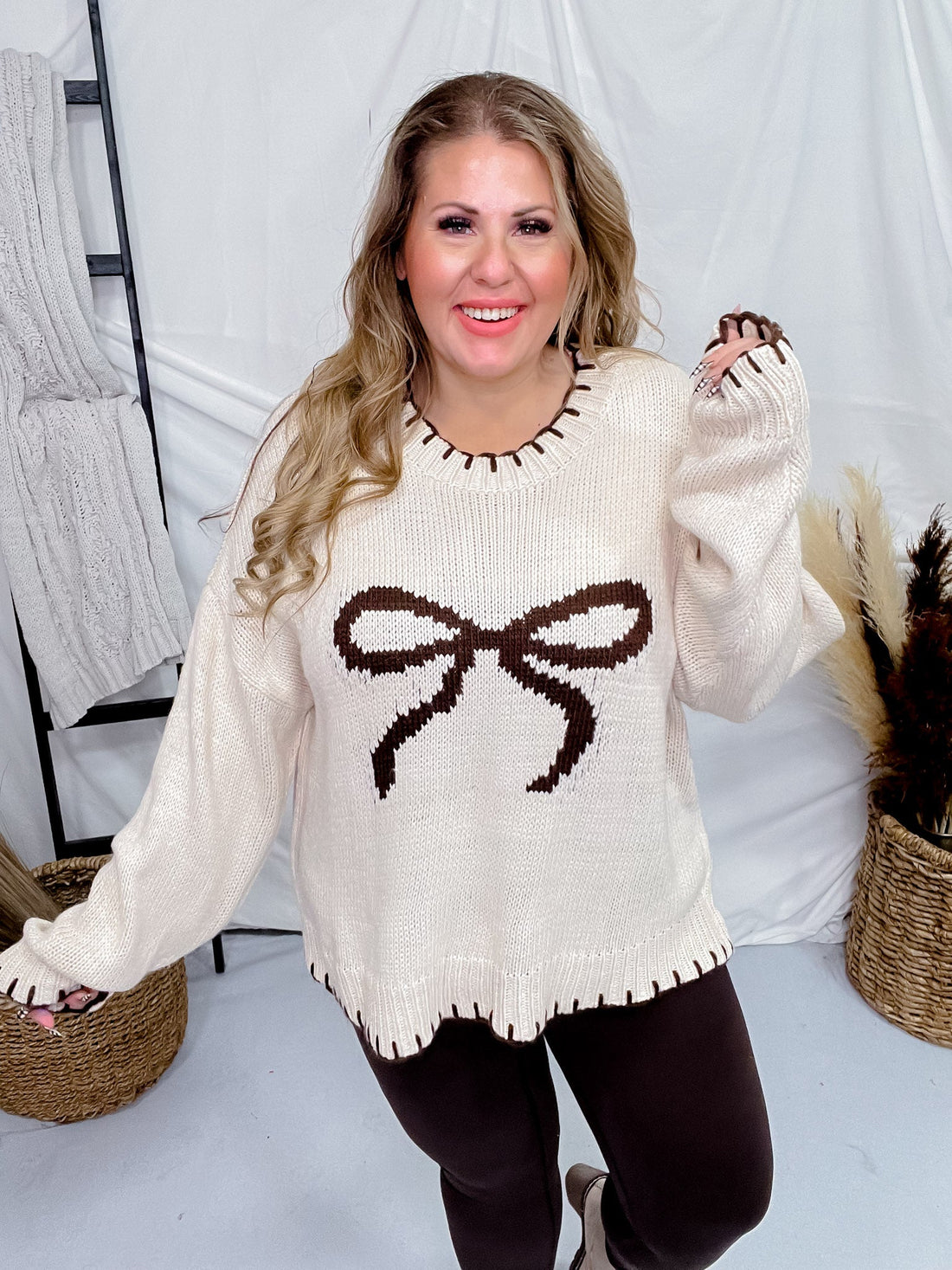 Cream and Brown Pullover Sweater with Bow - Whiskey Skies - SWEET GENERIS