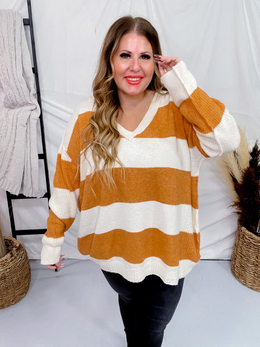 Cream and Orange Rugby Striped Sweater - Whiskey Skies - EASEL