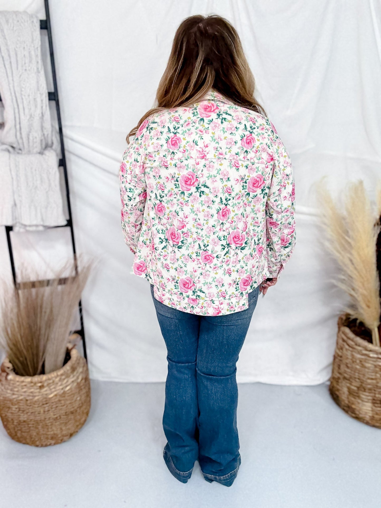 Cream and Pink Floral Print Corduroy Shacket - Whiskey Skies - ANDREE BY UNIT