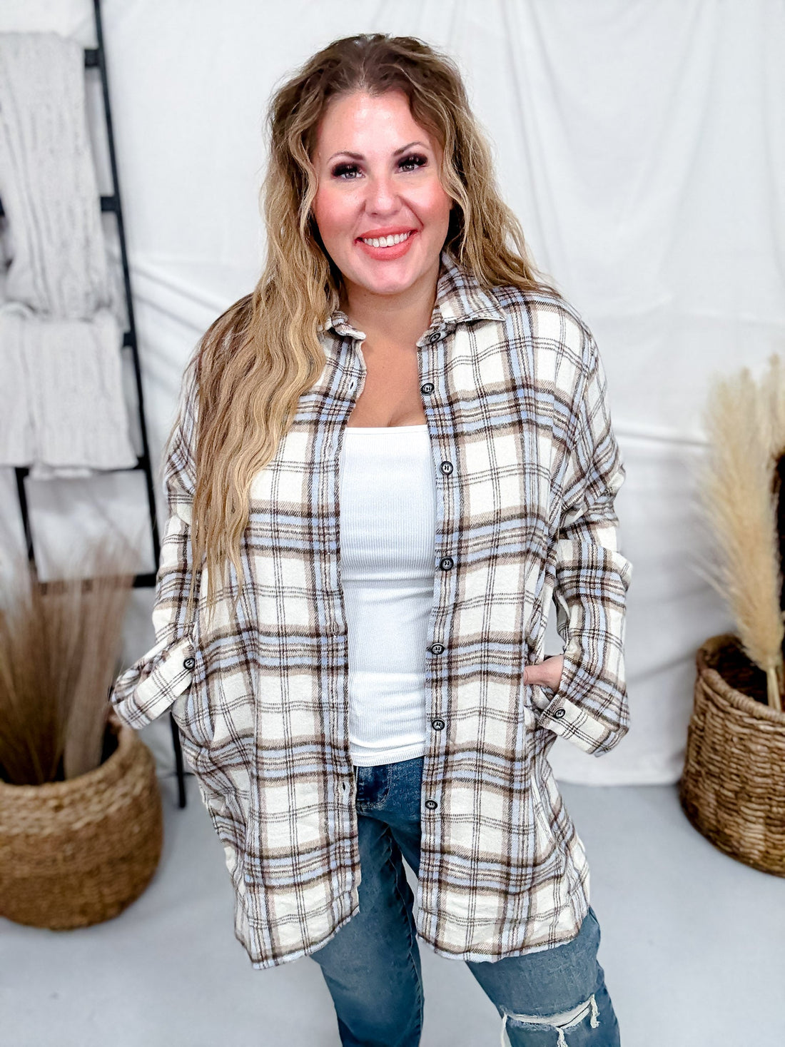 Cream And Sky Blue Plaid Flannel Shacket - Whiskey Skies - ADORA