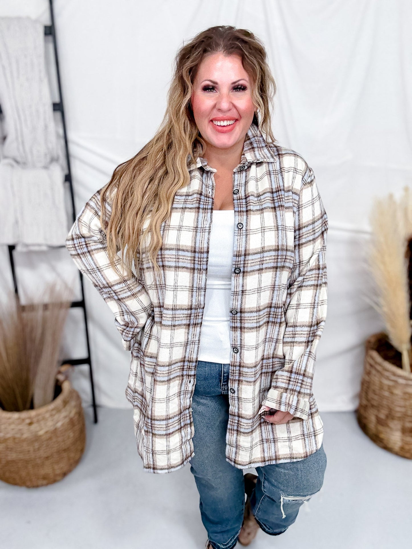 Cream And Sky Blue Plaid Flannel Shacket - Whiskey Skies - ADORA