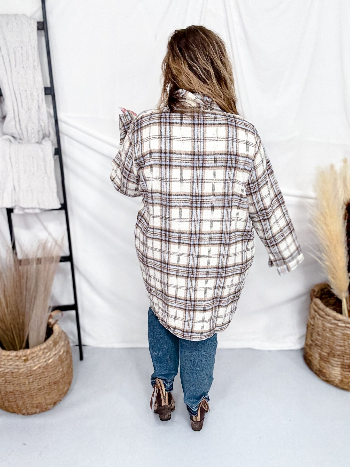 Cream And Sky Blue Plaid Flannel Shacket - Whiskey Skies - ADORA