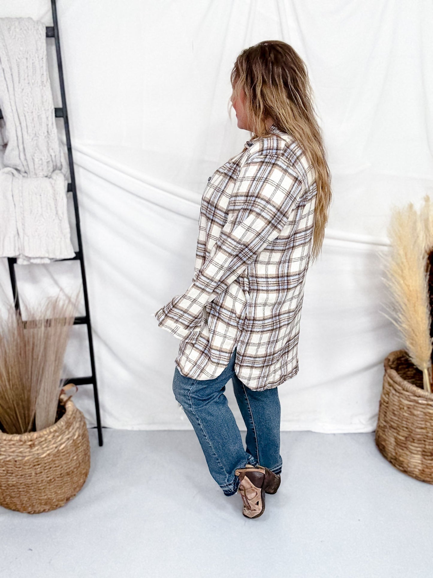 Cream And Sky Blue Plaid Flannel Shacket - Whiskey Skies - ADORA