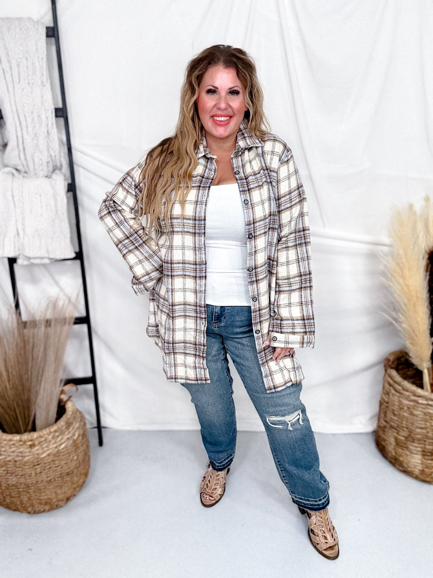 Cream And Sky Blue Plaid Flannel Shacket - Whiskey Skies - ADORA