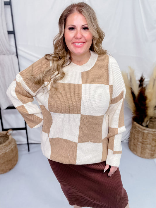 Cream and Tan Checkered Sweater with Sequin Detail - Whiskey Skies - WHITE BIRCH