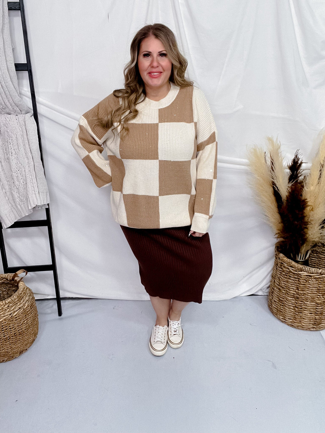 Cream and Tan Checkered Sweater with Sequin Detail - Whiskey Skies - WHITE BIRCH