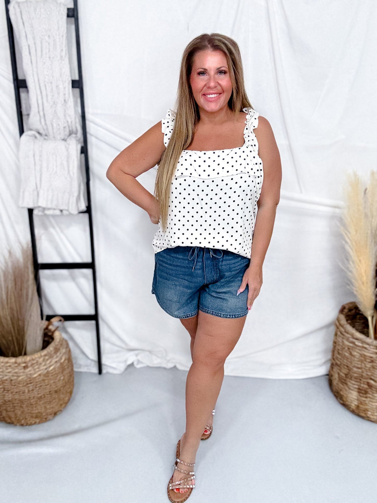 Cream & Black Polka Dot Tank With Ruffle Accents - Whiskey Skies - SOUTHERN GRACE