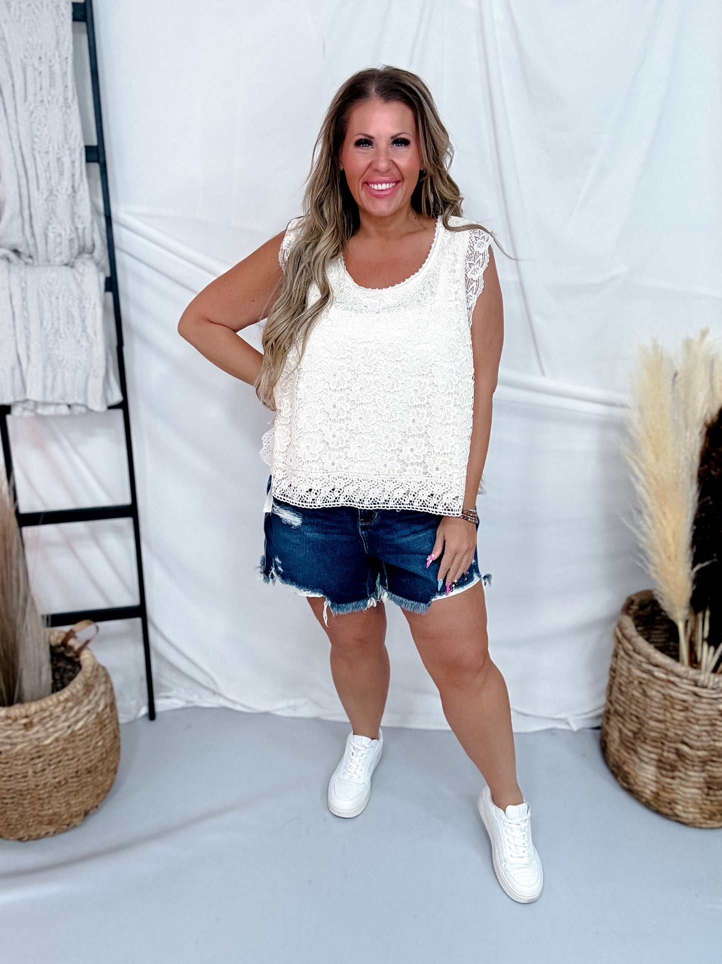 Cream Floral Lace Tank Top With Scalloped Hems & Side Ties - Whiskey Skies - SEW IN LOVE