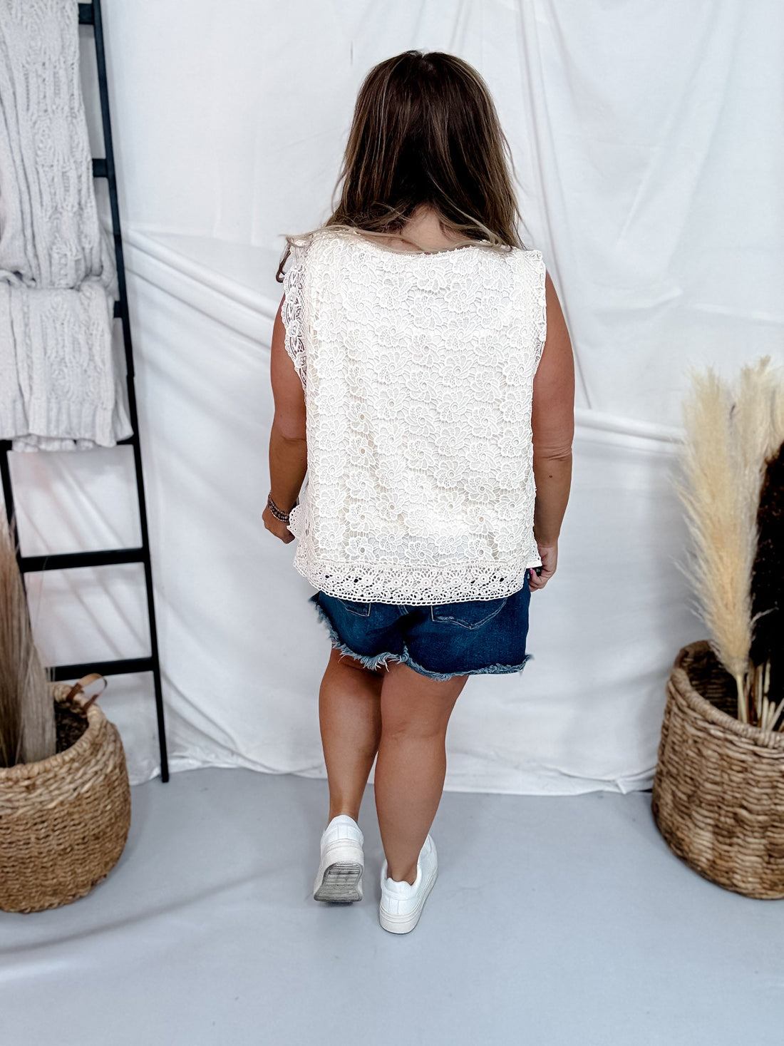 Cream Floral Lace Tank Top With Scalloped Hems & Side Ties - Whiskey Skies - SEW IN LOVE