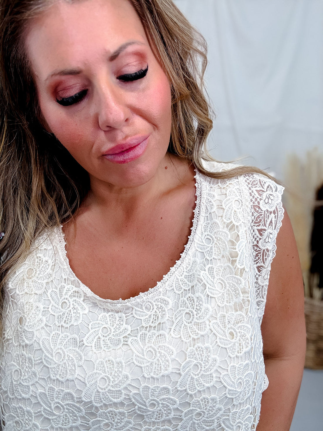 Cream Floral Lace Tank Top With Scalloped Hems & Side Ties - Whiskey Skies - SEW IN LOVE