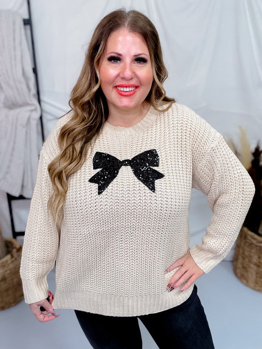 Cream Knit Sweater with Sequin Bow Patch - Whiskey Skies - HAYDEN