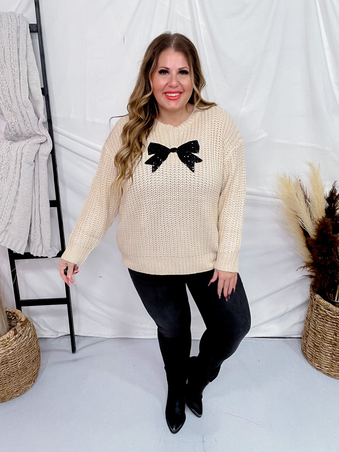 Cream Knit Sweater with Sequin Bow Patch - Whiskey Skies - HAYDEN