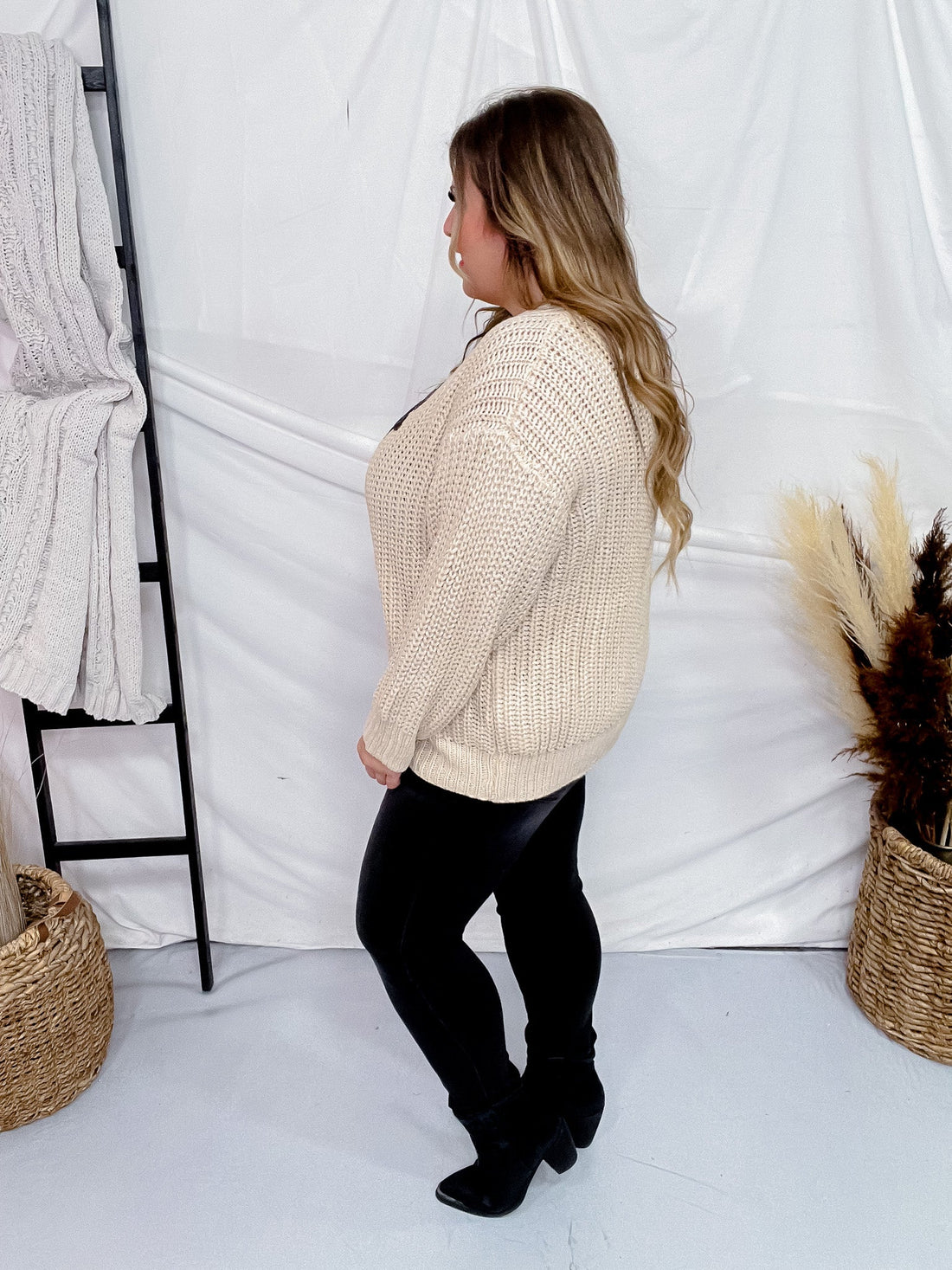 Cream Knit Sweater with Sequin Bow Patch - Whiskey Skies - HAYDEN