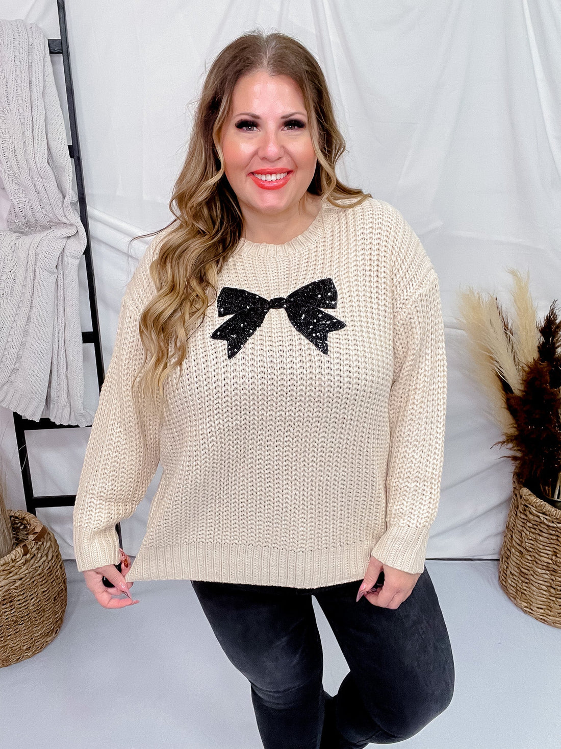 Cream Knit Sweater with Sequin Bow Patch - Whiskey Skies - HAYDEN