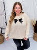 Cream Knit Sweater with Sequin Bow Patch - Whiskey Skies - HAYDEN