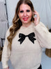 Cream Knit Sweater with Sequin Bow Patch - Whiskey Skies - HAYDEN