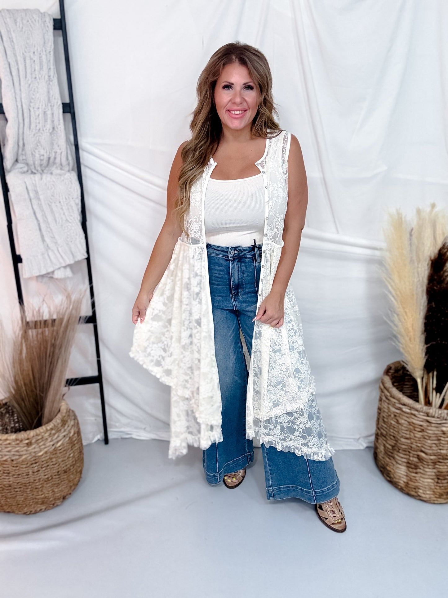 Cream Lace Button Front Duster With High-Low Hemline - Whiskey Skies - DAVI & DANI