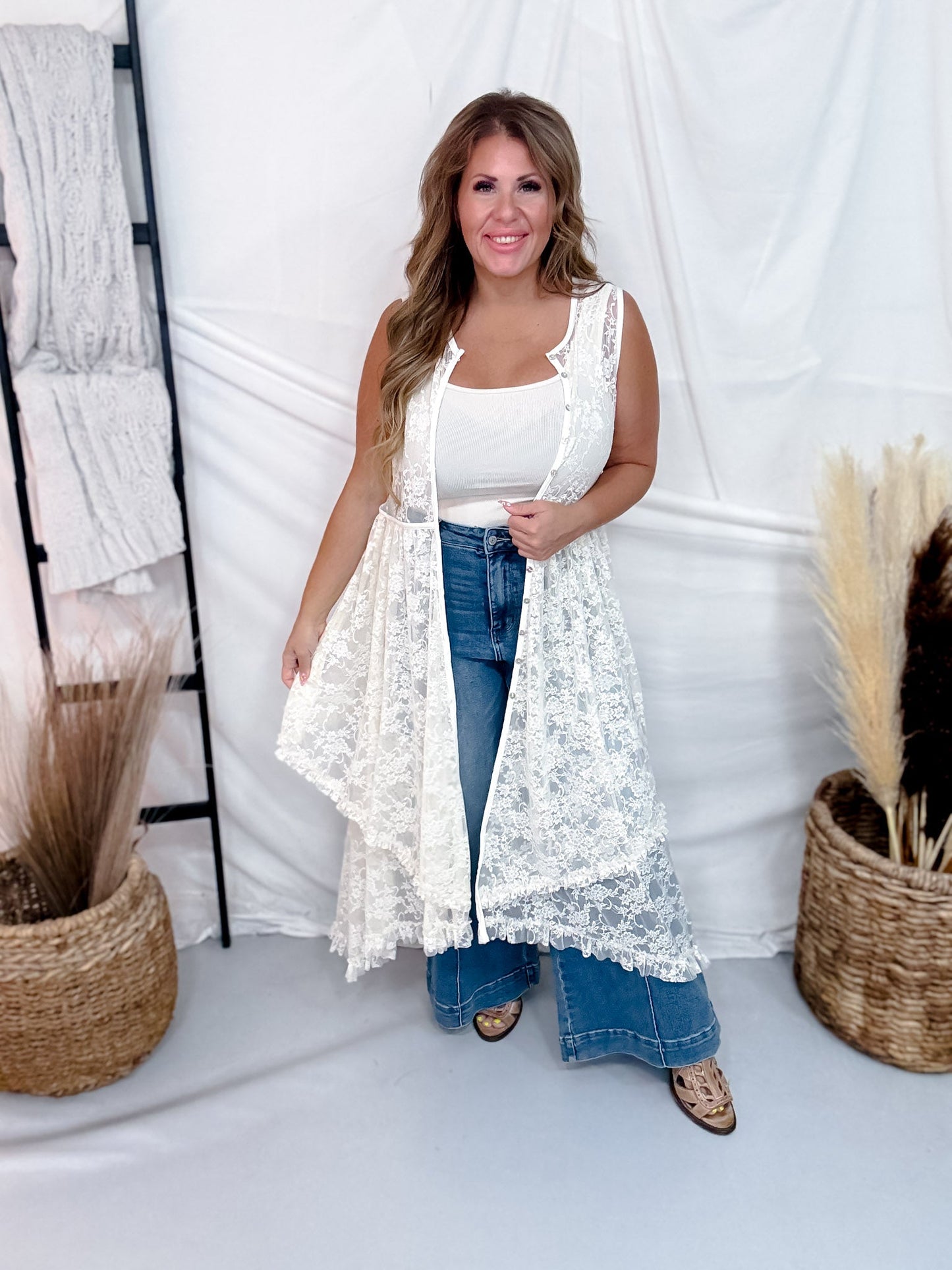 Cream Lace Button Front Duster With High-Low Hemline - Whiskey Skies - DAVI & DANI
