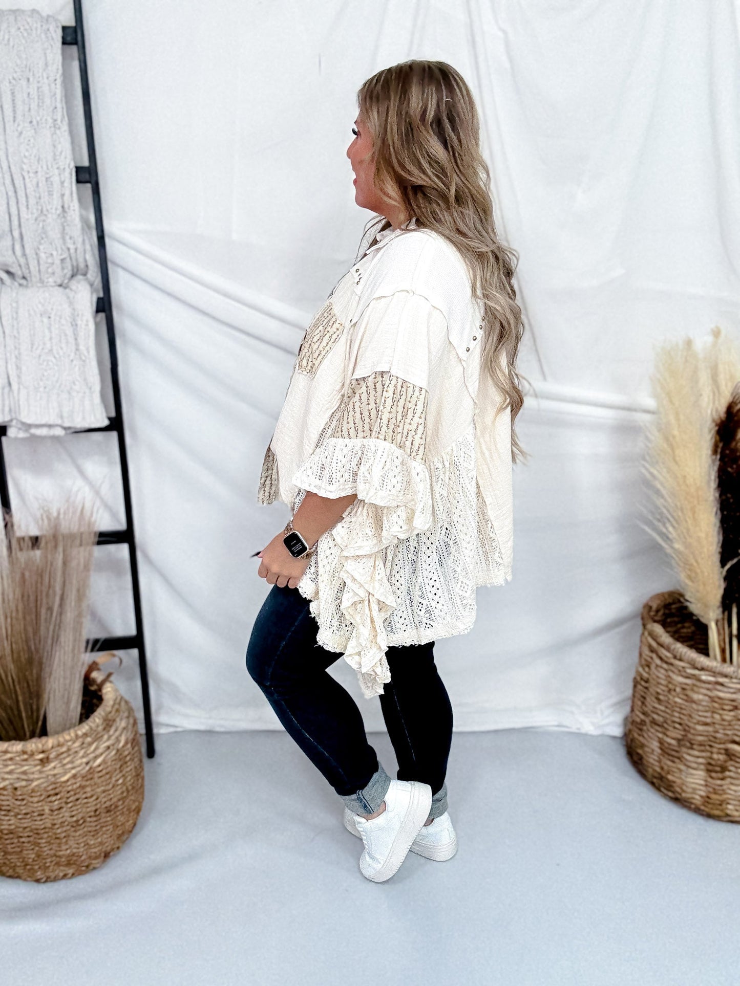 Cream Lace & Floral Button Front Top With Dolman Sleeves - Whiskey Skies - POL CLOTHING INC.