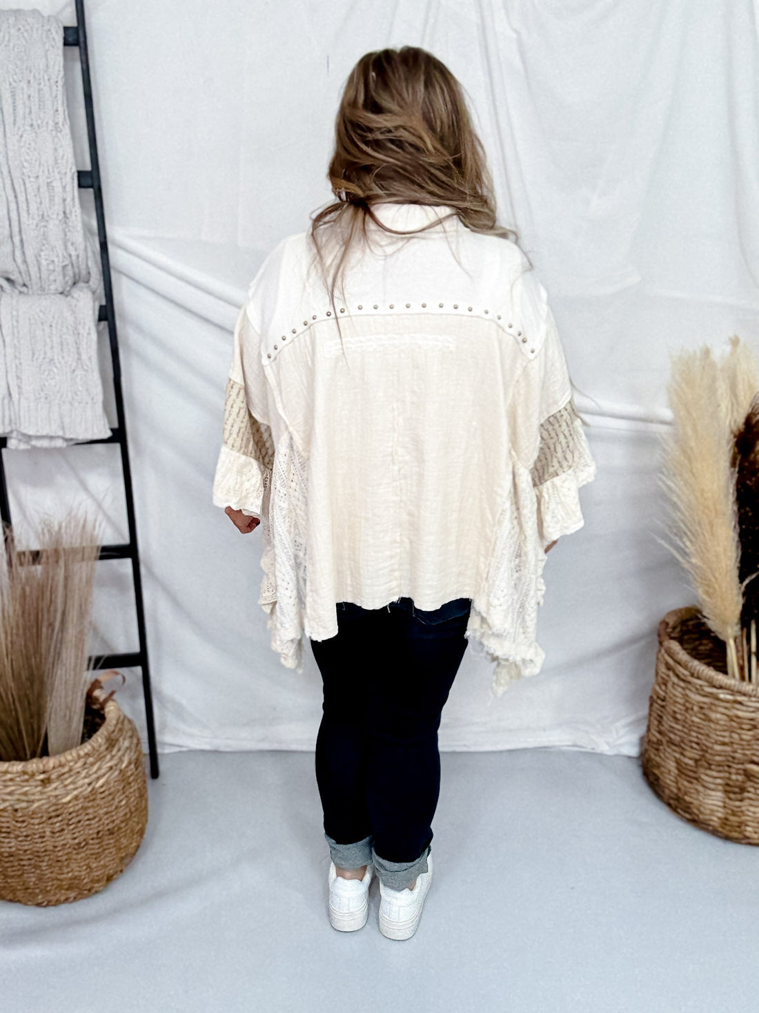 Cream Lace & Floral Button Front Top With Dolman Sleeves - Whiskey Skies - POL CLOTHING INC.