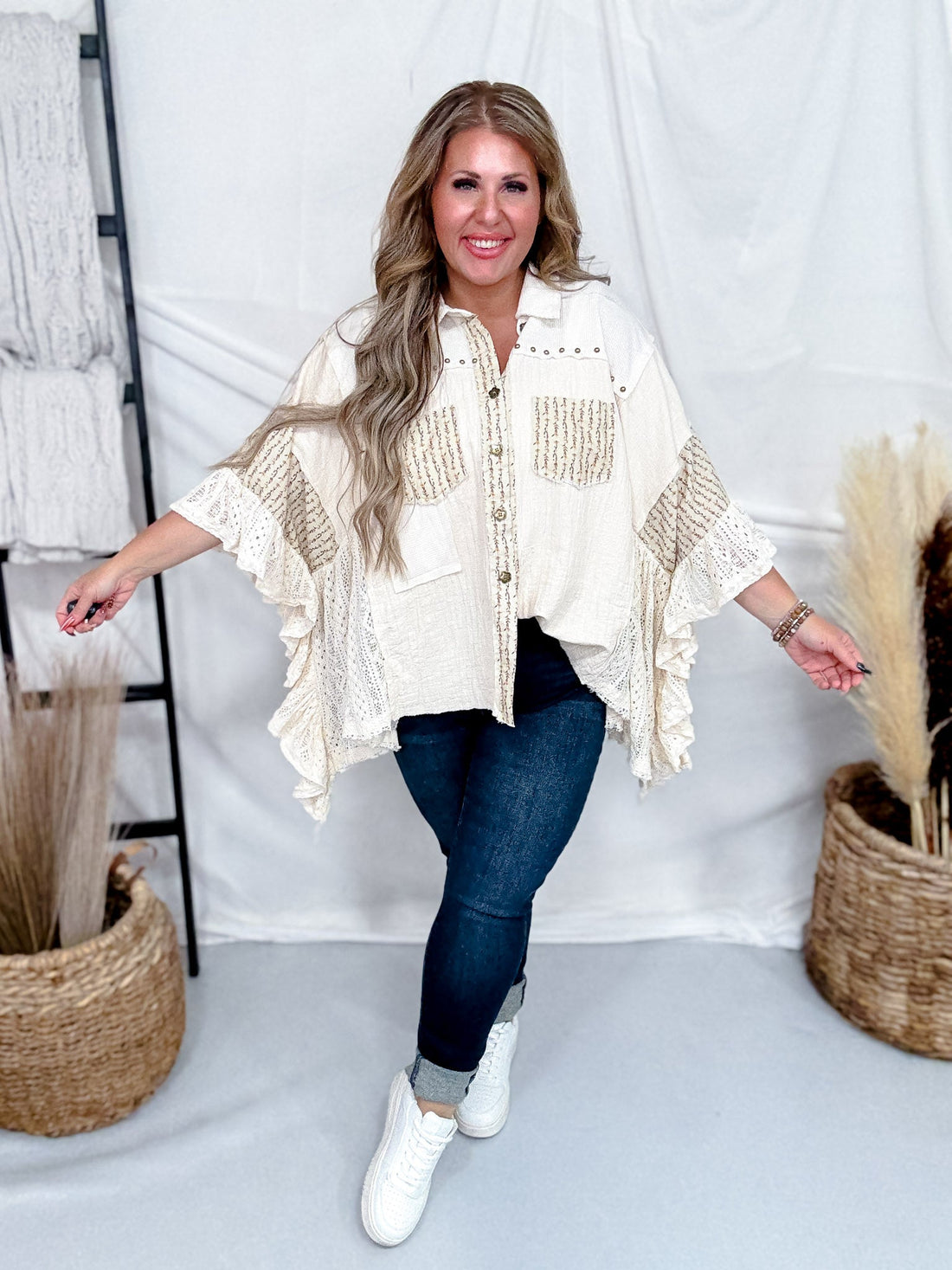 Cream Lace & Floral Button Front Top With Dolman Sleeves - Whiskey Skies - POL CLOTHING INC.