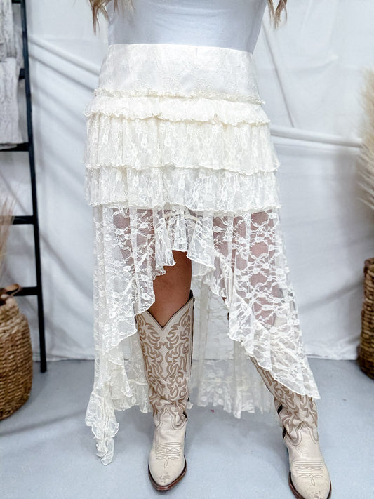 Cream Lace High - Low Ruffle Tiered Maxi Skort - Whiskey Skies - POLAGRAM + BAEVELY