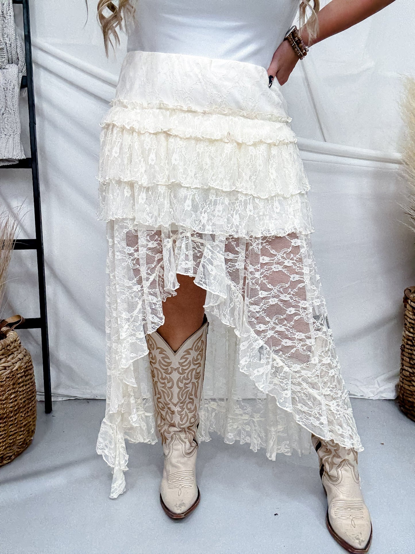Cream Lace High - Low Ruffle Tiered Maxi Skort - Whiskey Skies - POLAGRAM + BAEVELY