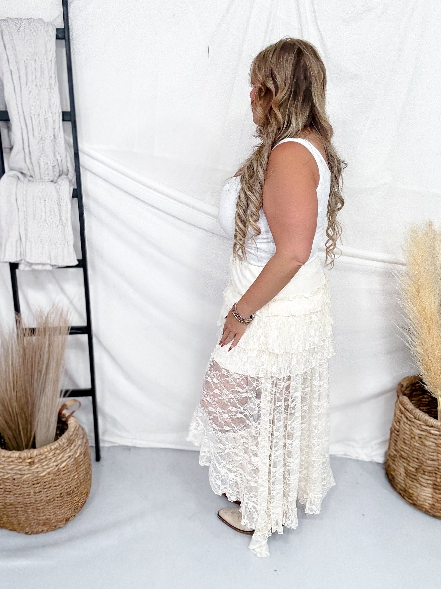 Cream Lace High - Low Ruffle Tiered Maxi Skort - Whiskey Skies - POLAGRAM + BAEVELY