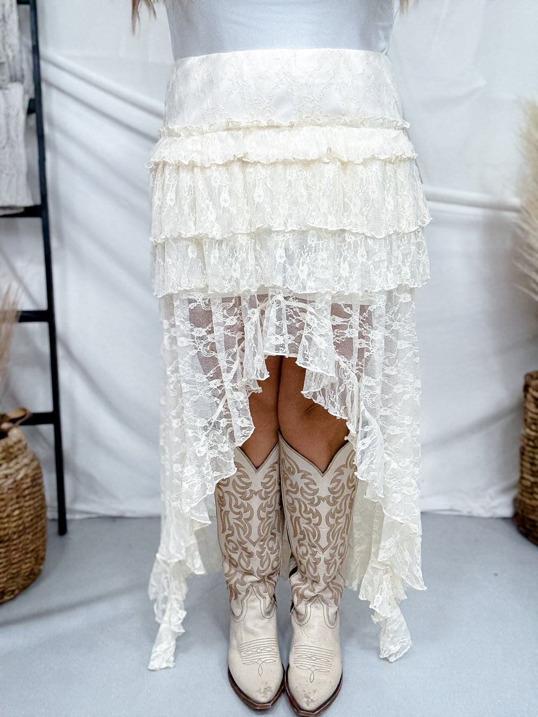 Cream Lace High - Low Ruffle Tiered Maxi Skort - Whiskey Skies - POLAGRAM + BAEVELY