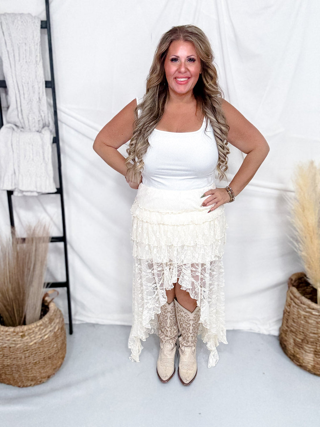 Cream Lace High - Low Ruffle Tiered Maxi Skort - Whiskey Skies - POLAGRAM + BAEVELY