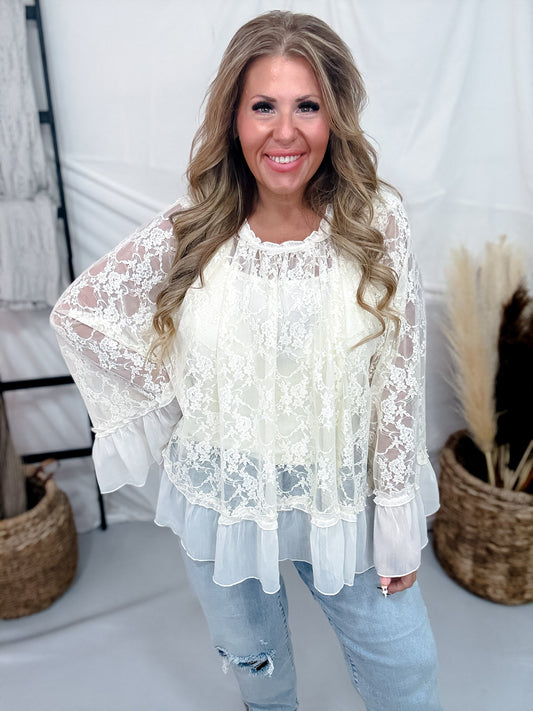 Cream Lace Top With Long Bell Sleeves & Ruffle Accents - Whiskey Skies - DAVI & DANI