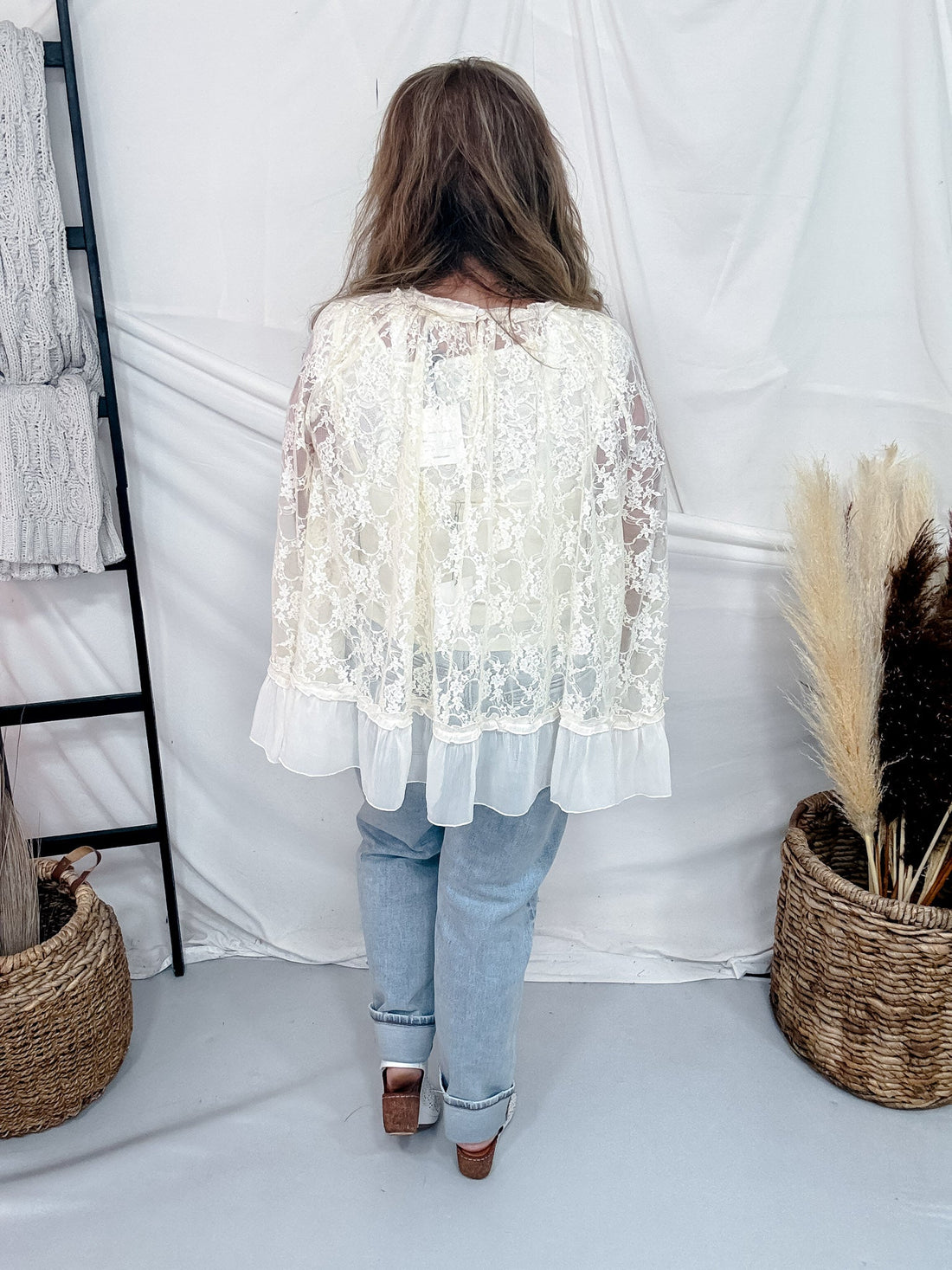 Cream Lace Top With Long Bell Sleeves & Ruffle Accents - Whiskey Skies - DAVI & DANI