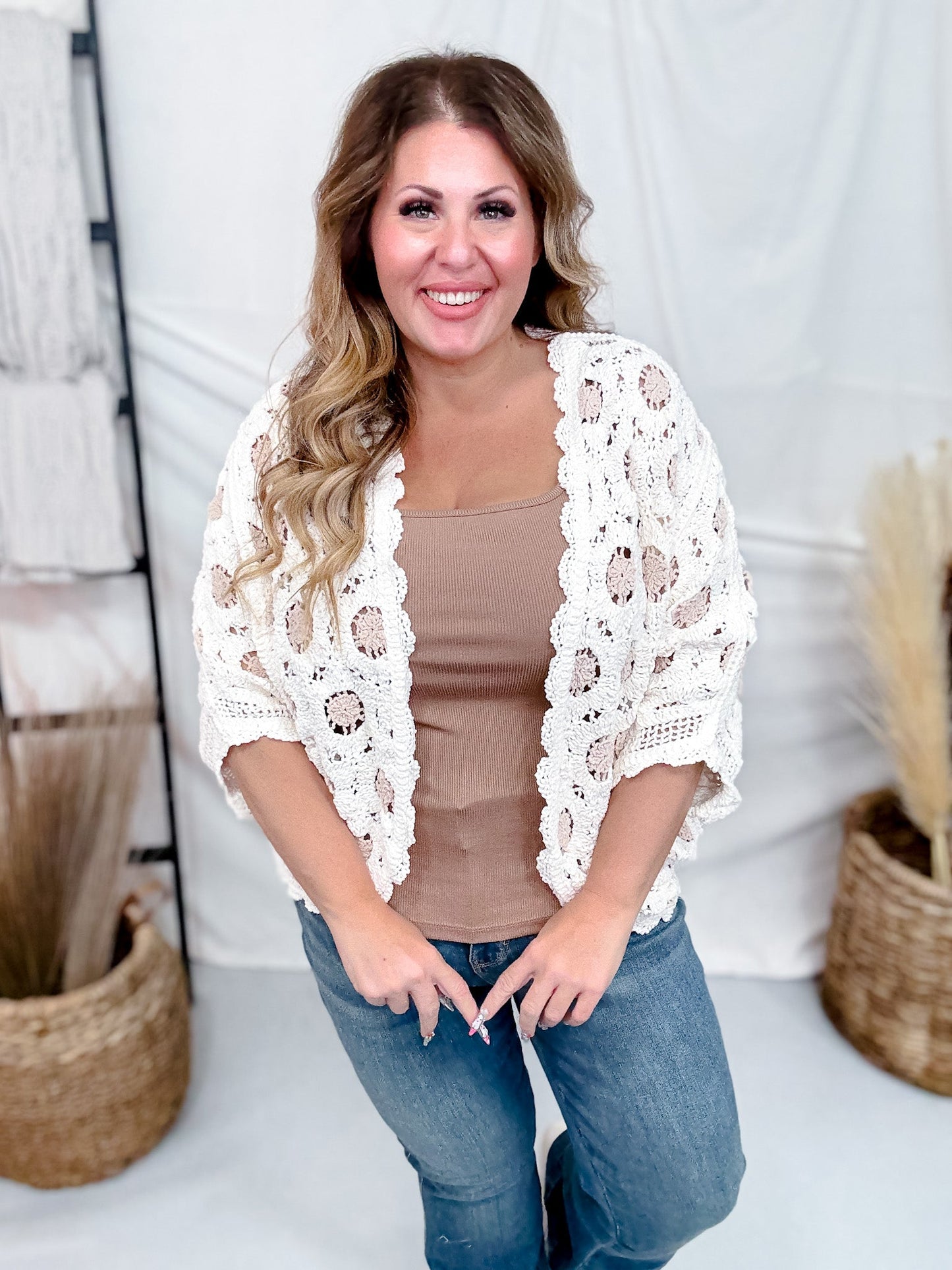 Cream & Latte Long Sleeve Open Knit Cardigan - Whiskey Skies - POL CLOTHING INC.